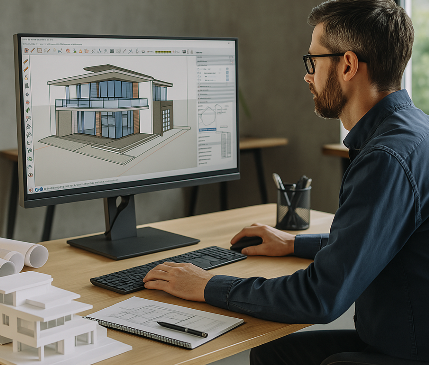 Formation SketchUp intermédiaire pour améliorer la précision dans la création de modèles 3D, maîtriser les outils avancés de modélisation, ajuster les dimensions et les proportions, et perfectionner les techniques de rendu pour des projets architecturaux plus complexes et détaillés.